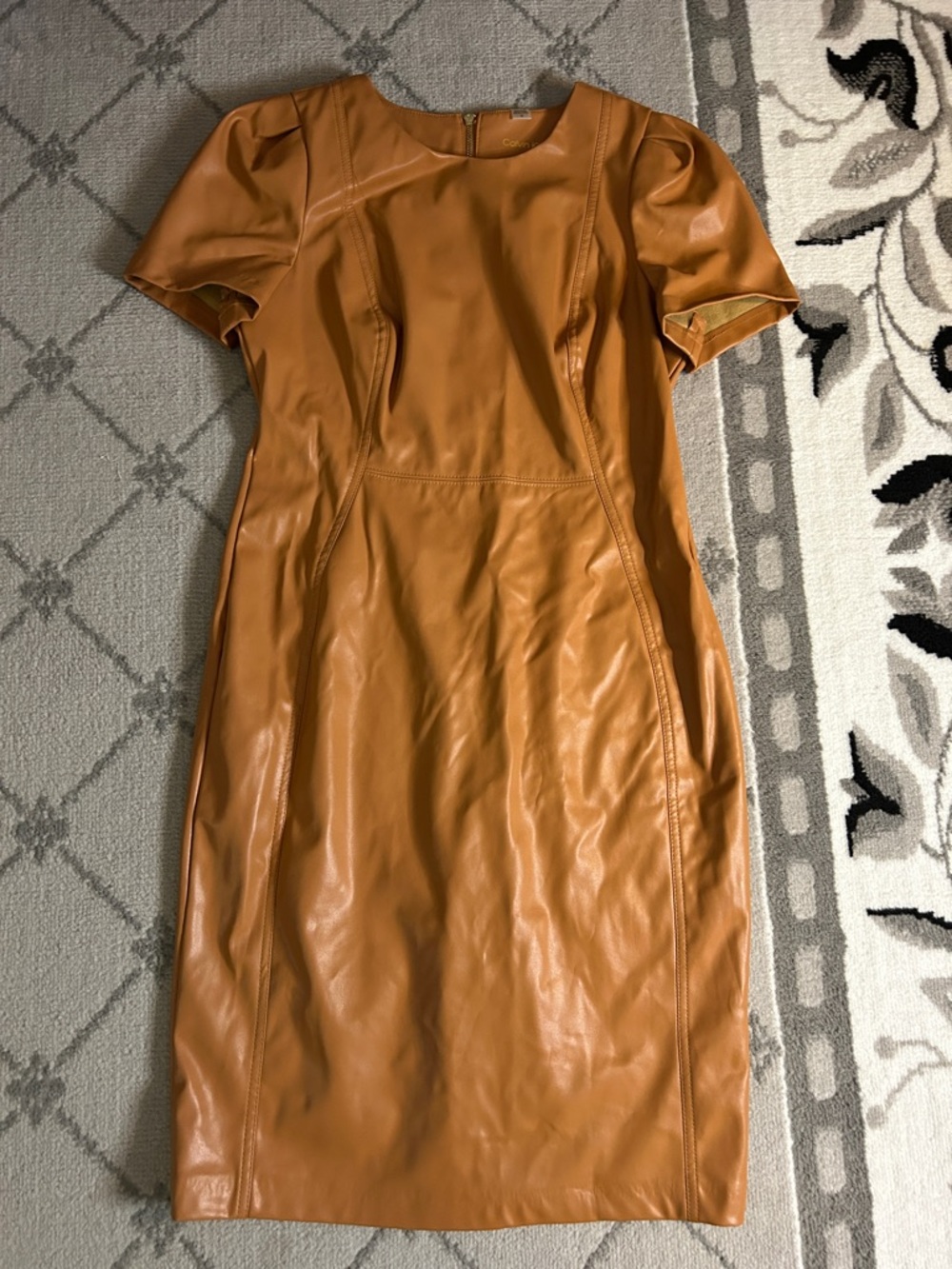 Calvin Klein Tan VeganLeather Short Sleeve Sheath Dress